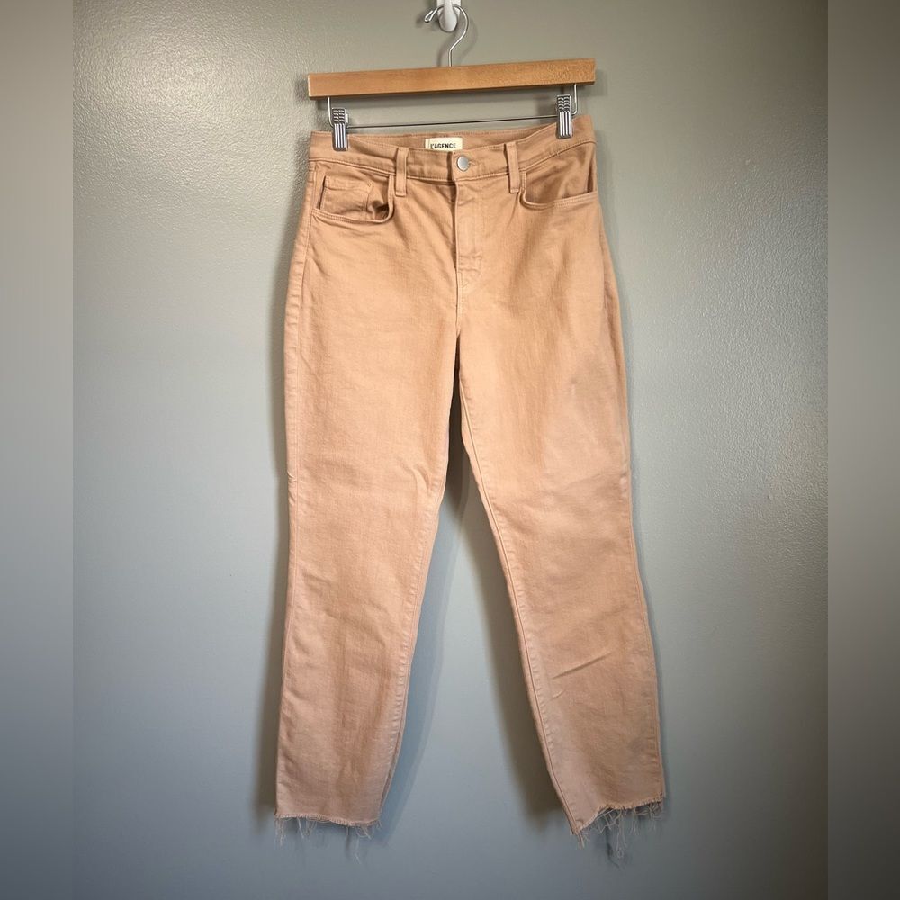 L’Agence Sada cropped‎ slim high rise denim jeans size 27 light mocha distressed